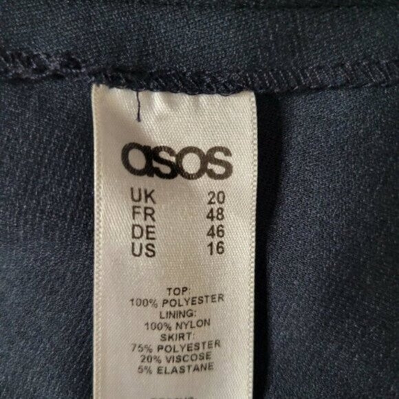 ASOS Fit N Flare Dress Size 16 Navy White Polka Dot Attached Tie Sleeveless Zip - Picture 5 of 8